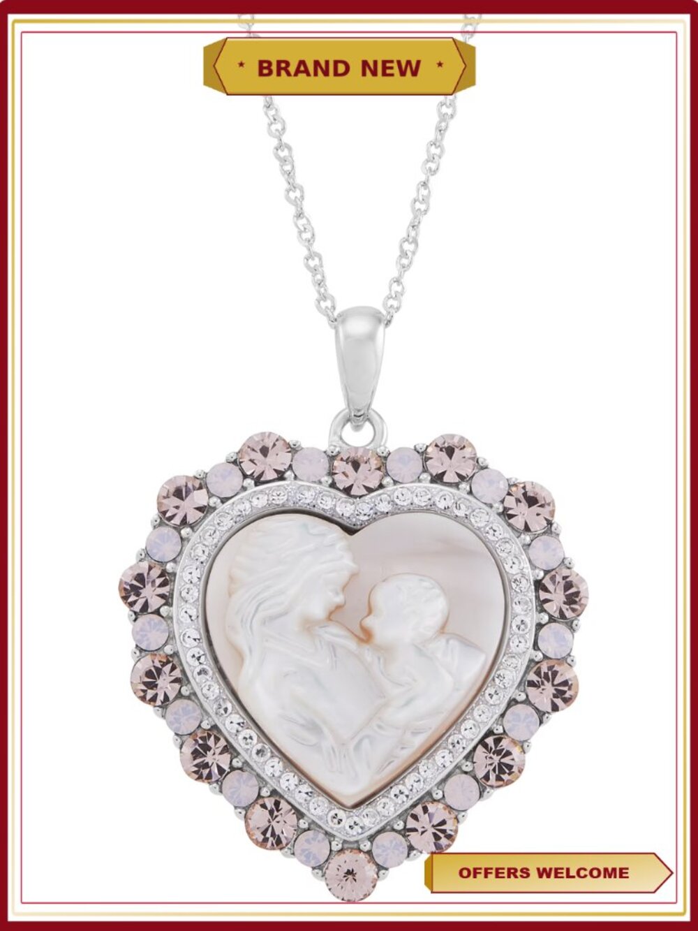 Heart Mother of Pearl Crystal Pendant Necklace Sterling Silver 18"